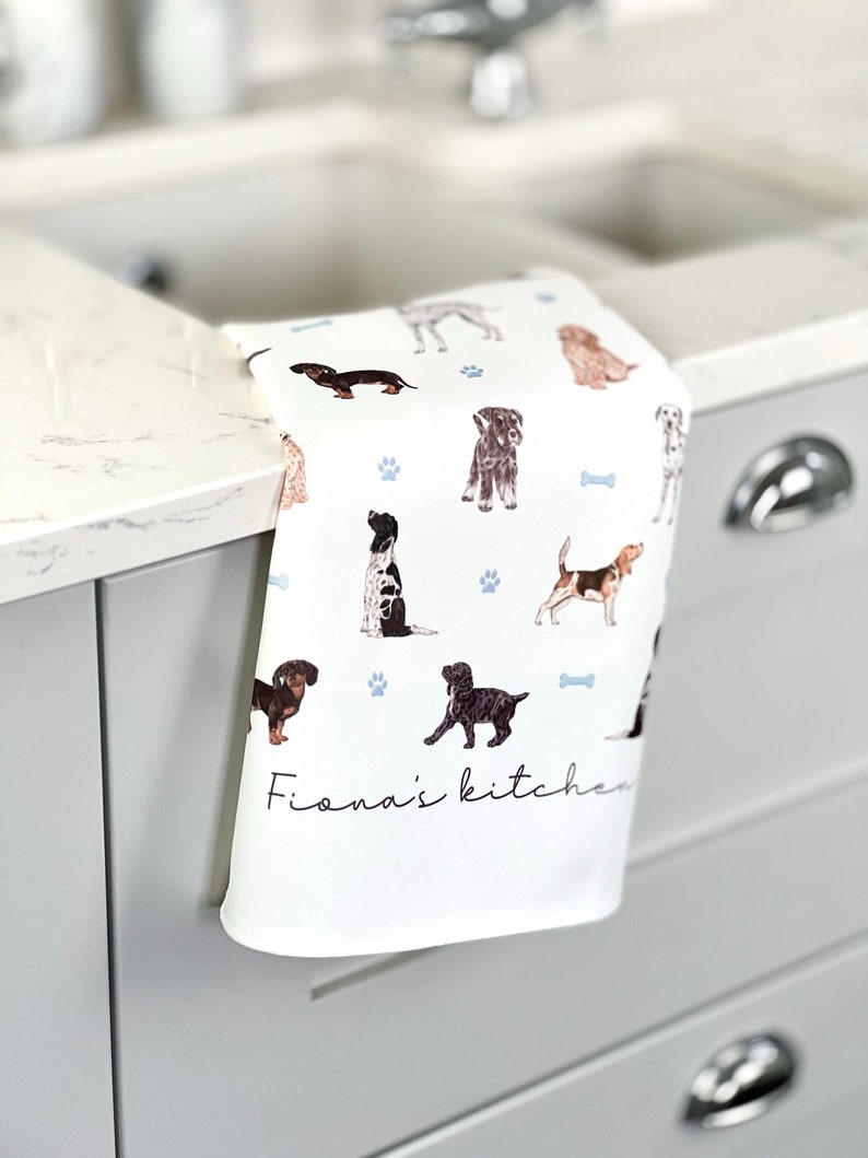Dogs Personalised Tea Towel, Customised Name Kitchen Towel, Gift for Friend, Bridesmaid Gift, Mothers Day, Gift for Her, Dog lover image 2
