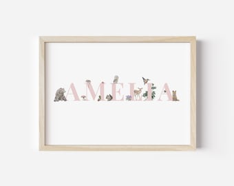 Personalised Name Woodland Nursery Print, Forest Animal Nursery Sign, New Baby Gift, Baby Shower Gift, Nursery Decor, New Born Gift