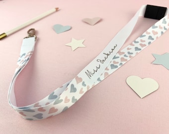 Love Hearts Personalised Lanyard, Custom Lanyard, Customised Name Teacher Lanyard, Nurse Gift, Teacher Gift, Gift for Friend