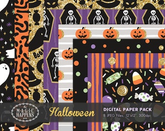 Halloween Digital Paper, Halloween Background, Halloween Seamless Pattern, Halloween Paper, Halloween Digital, Purple, Orange, Green, Black