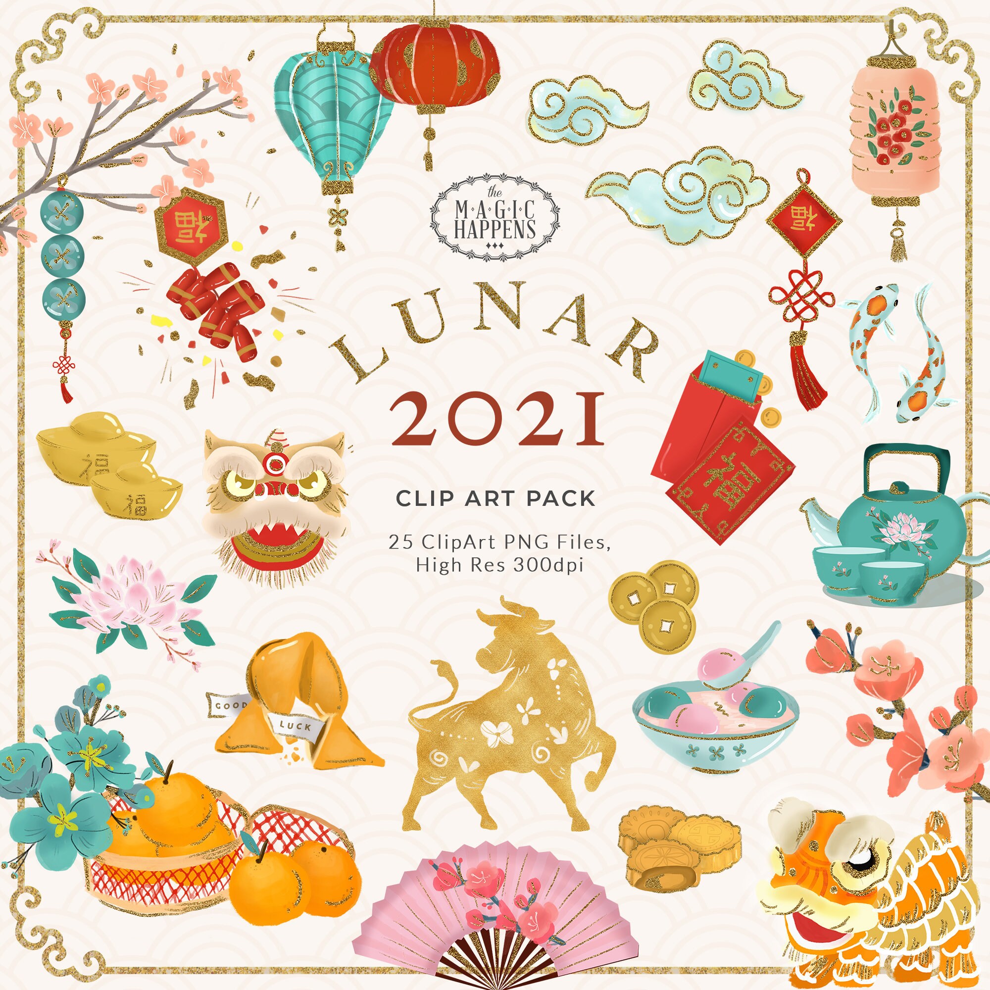 Lunar New Year Clipart Hand Drawn Chinese New Year Clip Art Etsy UK