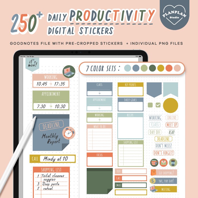 Daily Productivity Digital Planner Stickers for Goodnotes Etsy