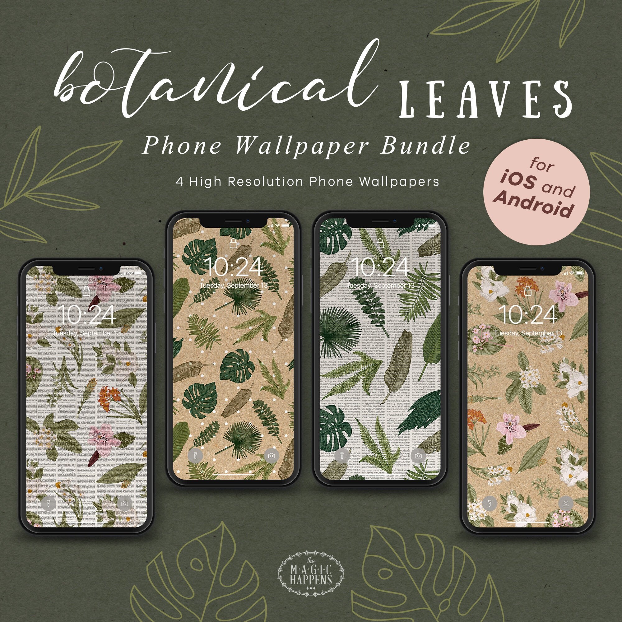 Phone Wallpaper In Botanical Leaves Iphone Wallpaper Android Etsy India