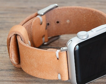Natural Tan Leather Apple Watch Strap, Patina Genuine iWatch Band, Handmade Vintage Replacement Gift