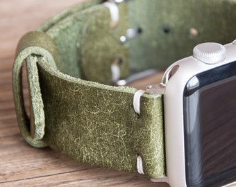 Olive Green Leather Apple Watch Band, Genuine Minimalist Strap, Outdoor Handmade Replacement