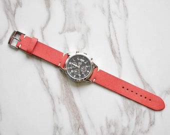 Correa de reloj de piel rosa peonía personalizada: grano completo, grabado gratuito
