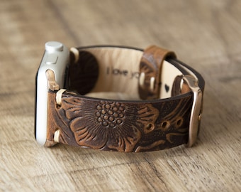 Leather Apple Watch Band Women 40mm 38mm 41mm 42mm 44mm 45mm, Distressed Floral Tooled Western Strap Personalized Gift Series 7 6 5 4 se