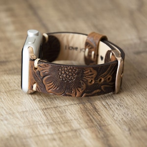 Leather Apple Watch Band Women 40mm 38mm 41mm 42mm 44mm 45mm, Distressed Floral Tooled Western Strap Personalized Gift Series 7 6 5 4 se