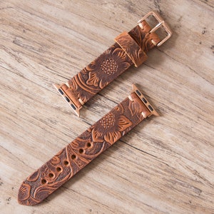 Apple Watch Band 38mm, Apple Watch Band 40mm 41mm 42mm 44mm, Rose Gold Custom Women Floral Western Tooled Leather Series 1 2 3 4 5 6 7 SE