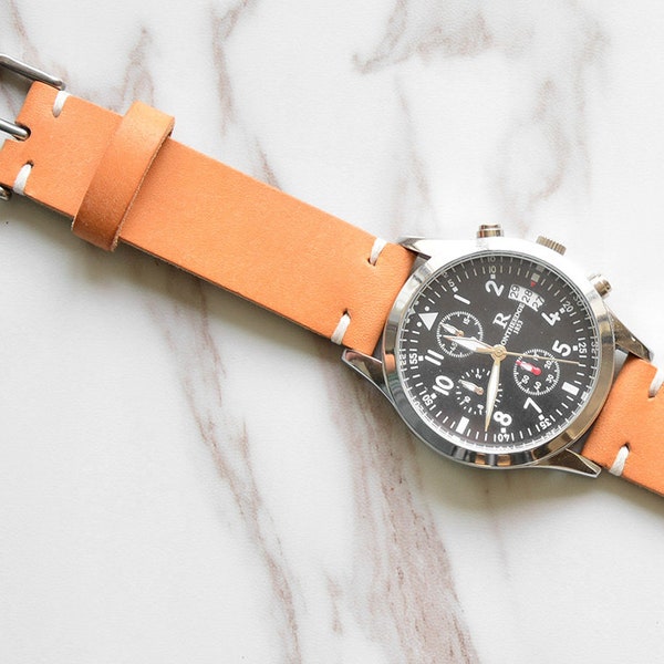 パーソナライズされたタンレザーウォッチストラップ：フルグレインヴィンテージバンド