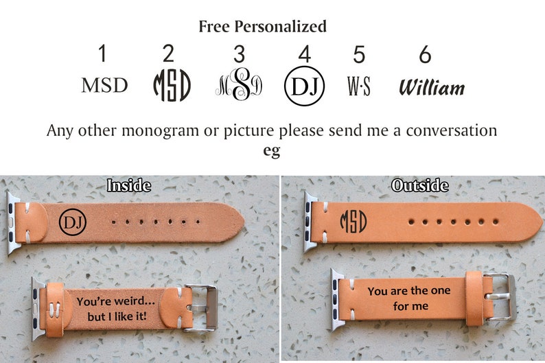 May include: Tan leather watch band with silver-tone hardware. The band is personalized with initials and phrases. The text "You're weird... but I like it!" is on the inside of one band, and "You are the one for me" is on the outside of another.