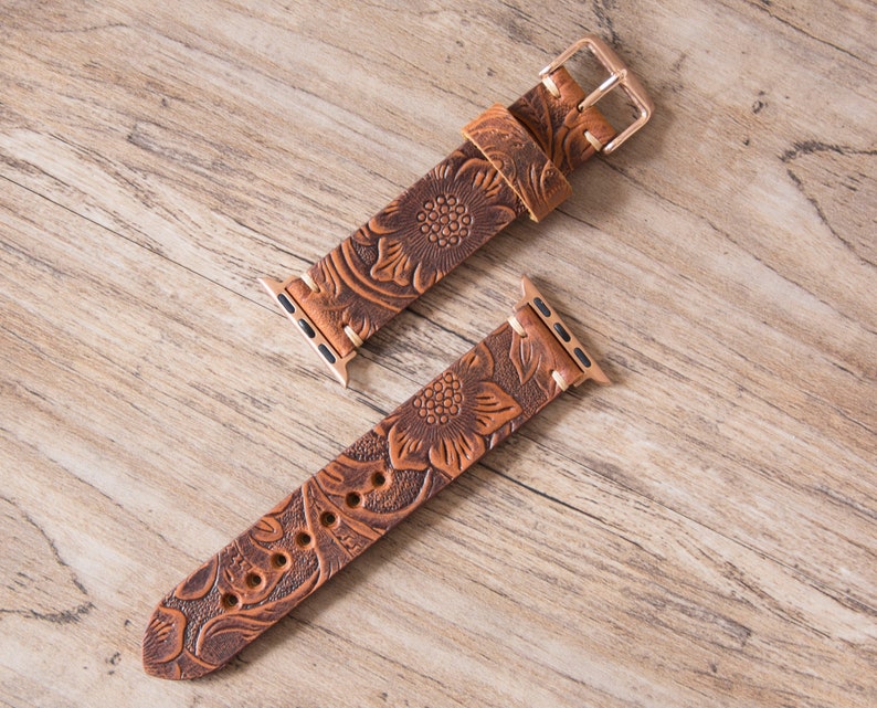 Apple Watch Band 38mm, Apple Watch Band 40mm 41mm 42mm 44mm, Rose Gold Custom Women Floral Western Tooled Leather Series 1 2 3 4 5 6 7 SE 