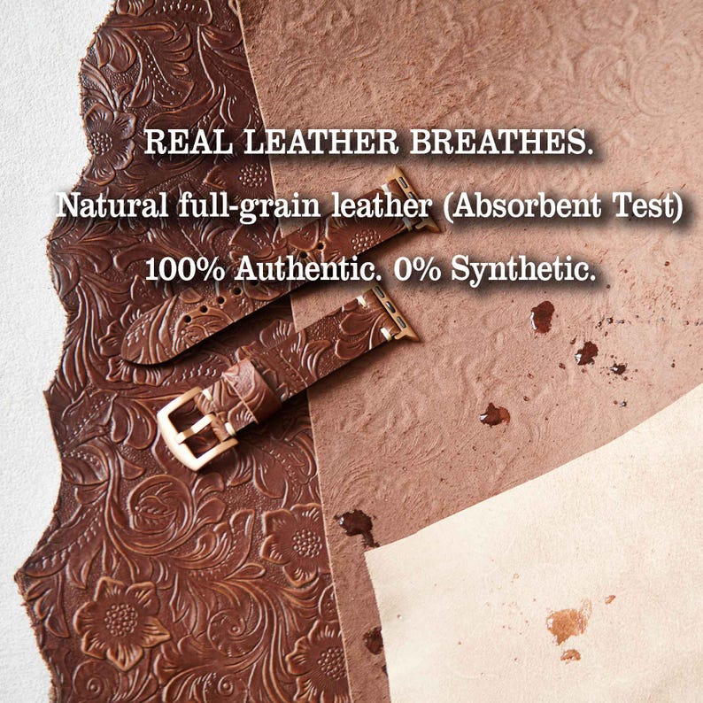 May include: Brown leather watch band with a floral embossed design and a gold-colored buckle. The image shows the text "REAL LEATHER BREATHES" and "Natural full-grain leather". The watch band is made of 100% authentic leather.