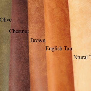 May include: A close-up of five leather swatches in varying shades of brown and tan. The colors are labeled Olive, Chestnut, Brown, English Tan, and Ntural Tan. The leather has a textured appearance.