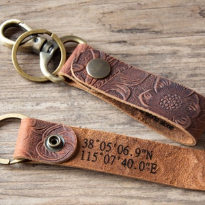 Weathered Leather Keychain-Zipper Pull-Green Florals-Customizable with Words
