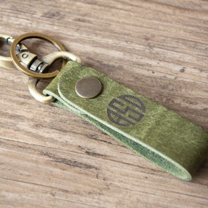 Weathered Leather Keychain-Zipper Pull-Green Florals-Customizable with Words