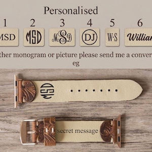 May include: Two beige leather watch bands with brown accents and personalized options. One band features the initials "MSD" and the other has the words "secret message". The top of the image has the word "Personalised" and examples of monograms.