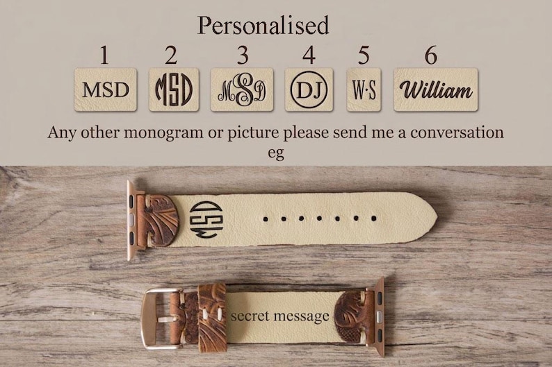 May include: Two beige leather watch bands with brown accents and personalized options. One band features the initials "MSD" and the other has the words "secret message". The top of the image has the word "Personalised" and examples of monograms.