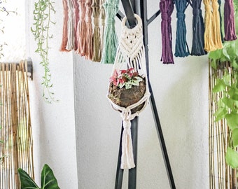 Small Macrame Wall Plant Hanger | Boho Decor Modern Macrame Hanging Planter Multi Colors Wood Ring