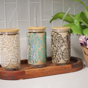 16 oz Monstera Glass Coffee Cup with Lid and Straw | Beer Can Glass | Iced Coffee Glass | Plant Lover Gift | Plant Mom Gift | Plant Cup