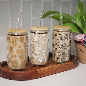 16 oz Cactus Glass Coffee Cup with Lid and Straw | Beer Can Glass | Iced Coffee Glass | Plant Lover Gift | Plant Mom Gift | Plant Cup