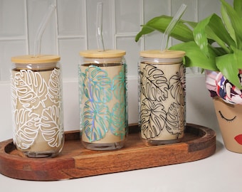 16 oz Monstera Glass Coffee Cup with Lid and Straw | Beer Can Glass | Iced Coffee Glass | Plant Lover Gift | Plant Mom Gift | Plant Cup