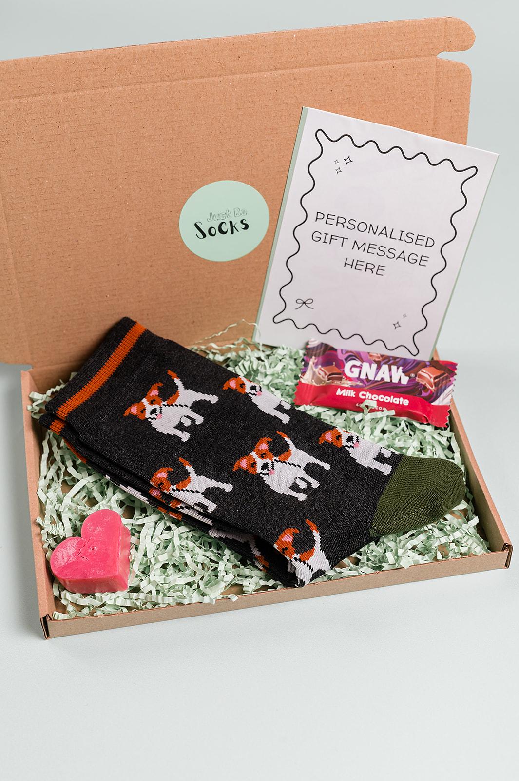 Personalised Jack Russell Letterbox Gift Box Bamboo Dog Socks, Chocolate & Soap