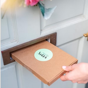 May include: A flat, rectangular brown cardboard shipping box being inserted into a metal letterbox slot. The box features a round, light green sticker with the text "Just Be SOCKS" printed in black. The box is designed to be letterbox friendly.