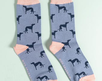 Calzini Donna Con Levriero Whippet - Misto Cotone E Bambù, Blu E Rosa, Taglia 36-41 (3-7 UK)