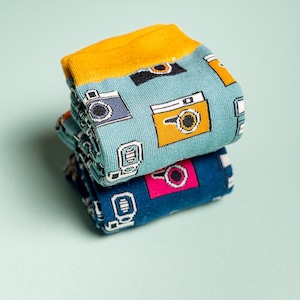 Mens Bamboo Socks Retro Cameras Blue | Navy
