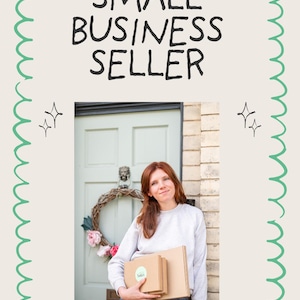 May include: A graphic featuring the text SMALL BUSINESS SELLER in black, surrounded by a green scalloped border and star icons. Below, a person with auburn hair wears a light gray sweatshirt and blue jeans, holding two brown cardboard boxes.