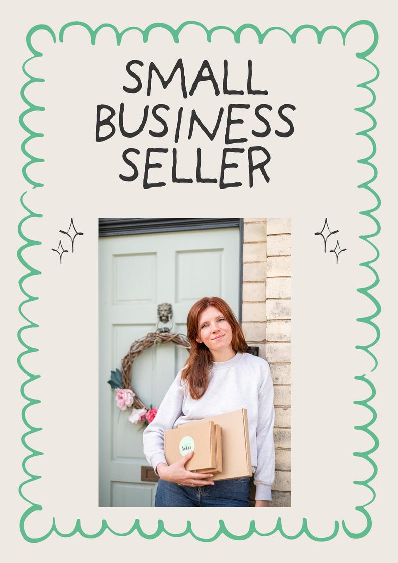 May include: A graphic featuring the text SMALL BUSINESS SELLER in black, surrounded by a green scalloped border and star icons. Below, a person with auburn hair wears a light gray sweatshirt and blue jeans, holding two brown cardboard boxes.