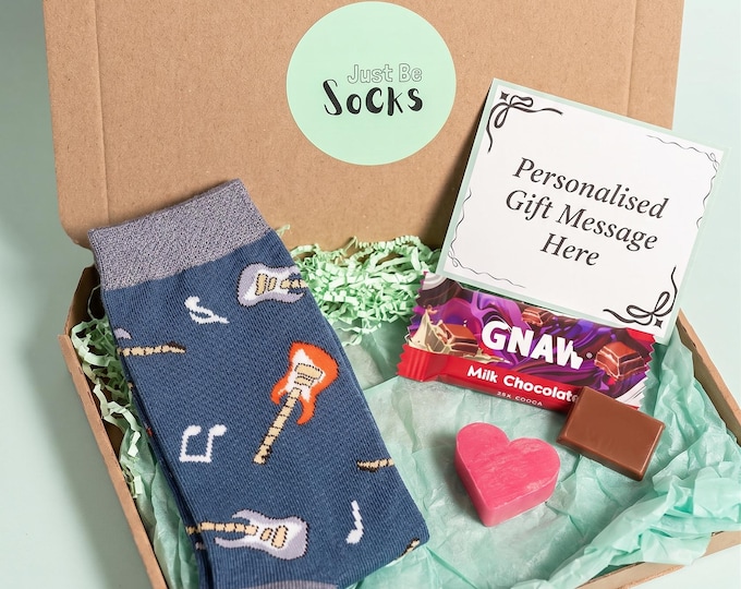 Guitar Mens Bamboo Socks, chocolate & soap Letterbox Giftset