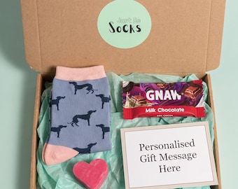 Personalised Letterbox Gift Box | Grey Greyhound Bamboo Socks, Milk Chocolate, Pink Heart Soap & Personalised Card | Gift for Her