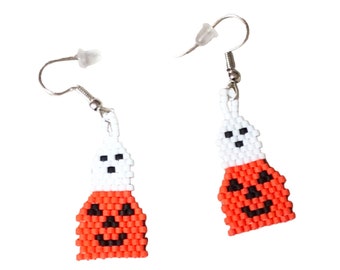 Pumpkin Ghost Earrings, Beaded Jewelry, Beaded Earrings, Halloween Earrings, Pumpkin Jewelry, Dangle Earrings, Drop Earrings