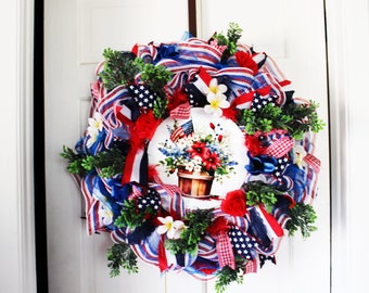 Patriotic Flower Wreath - Handcrafted Americana Decor | Red, White, and Blue Floral Design