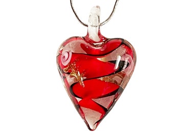 Lampwork Heart Pendant Necklace, Boho Glass Jewelry, Blown Glass Pendant, Heart Pendant Necklace, Glass Necklace, Blown Glass