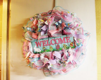 Welcome Wreath, Easter Wreath, Bunny Wreath, Whimsical Easter Wreath, Home Decor, Bright Color Easter Wreath, Wreath for Door, Spring Wreath