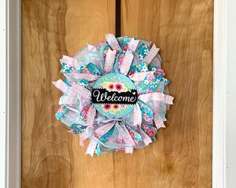 Aqua Pink Floral Welcome Wreath: Spring Door Decor