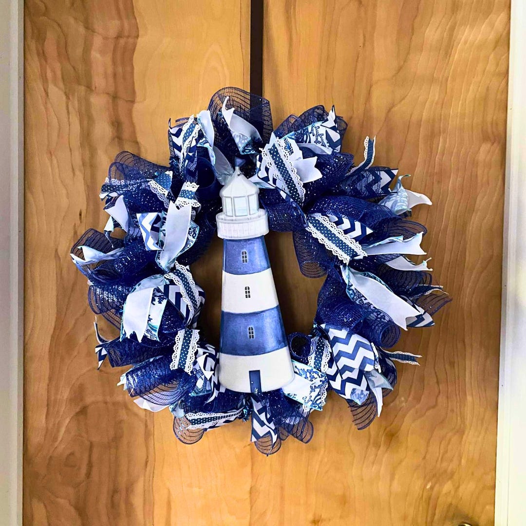 Coastal Lighthouse Wreath for Front Door, Navy Blue Nautical Door ...