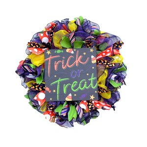 Trick or Treat Halloween Wreath, Colorful Mesh Candy Wreath, Halloween Door Decor, Whimsical Front Door Wreath for Fall
