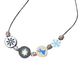 Snowflake Necklace, Christmas Jewelry, Holiday Necklace, Clay Bead Necklace, Beaded Necklace, Beaded Jewelry