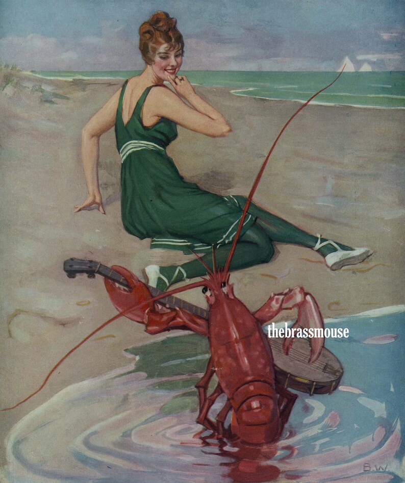 Lobster Attack 1910s Funny Woman in Swimsuit Beach Humor Etsy