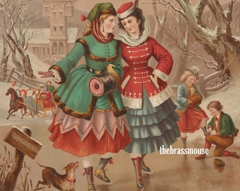 Winter Ice Skating Christmas Holiday Two Women Friends Victorian Woman Printable Poster Instant Digital Download Scrapbook Altered Art