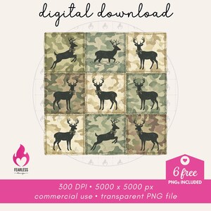 May include: Digital download image with a patchwork design. Nine squares feature a camouflage pattern and a black deer silhouette. The text "digital download" is at the top. Includes PNG files.