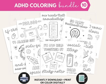 Funny ADHD Coloring Page Bundle, Funny Neurodiversity Coloring, Adult adhd Coloring sheet, Mental Health Coloring, Stress Relief Color Books