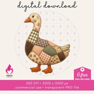 Könnte beinhalten: Ein digitaler Download mit einer Patchwork-Gans-Illustration mit verschiedenen Stoffmustern, darunter orangefarbene Kürbisse, braunes Gingham, grünes Karomuster und Blumenprints. Das Design enthält den Text digital download, 6 free PNGS INCLUDED, 300 DPI, 5000 x 5000 px, commercial use und transparent PNG file.