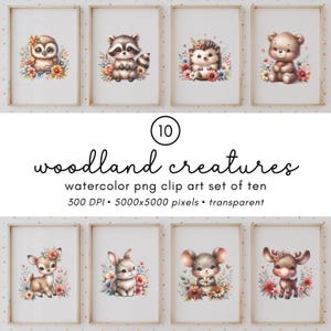 Woodland Animals Clipart, Cute Creature Clipart Set, Nursery Clipart Transparent PNGs, Fox, Bear, Deer Sublimation Design Files, Nursery Art