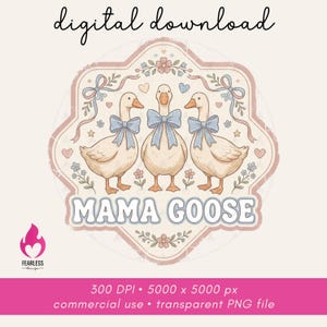 Può includere: Grafica digitale scaricabile con tre oche con fiocchi blu, con la scritta "MAMA GOOSE". Il design include accenti floreali e a nastro, e le parole "digital download" sono in alto. L'immagine è un file PNG trasparente.