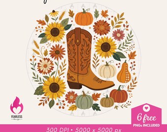 Fall Cowgirl Boots png | Western Aesthetics | Floral Boho Designs | Fall Season Vibe | Western Cowgirl Vibe | Pumpkin Boho Floral png